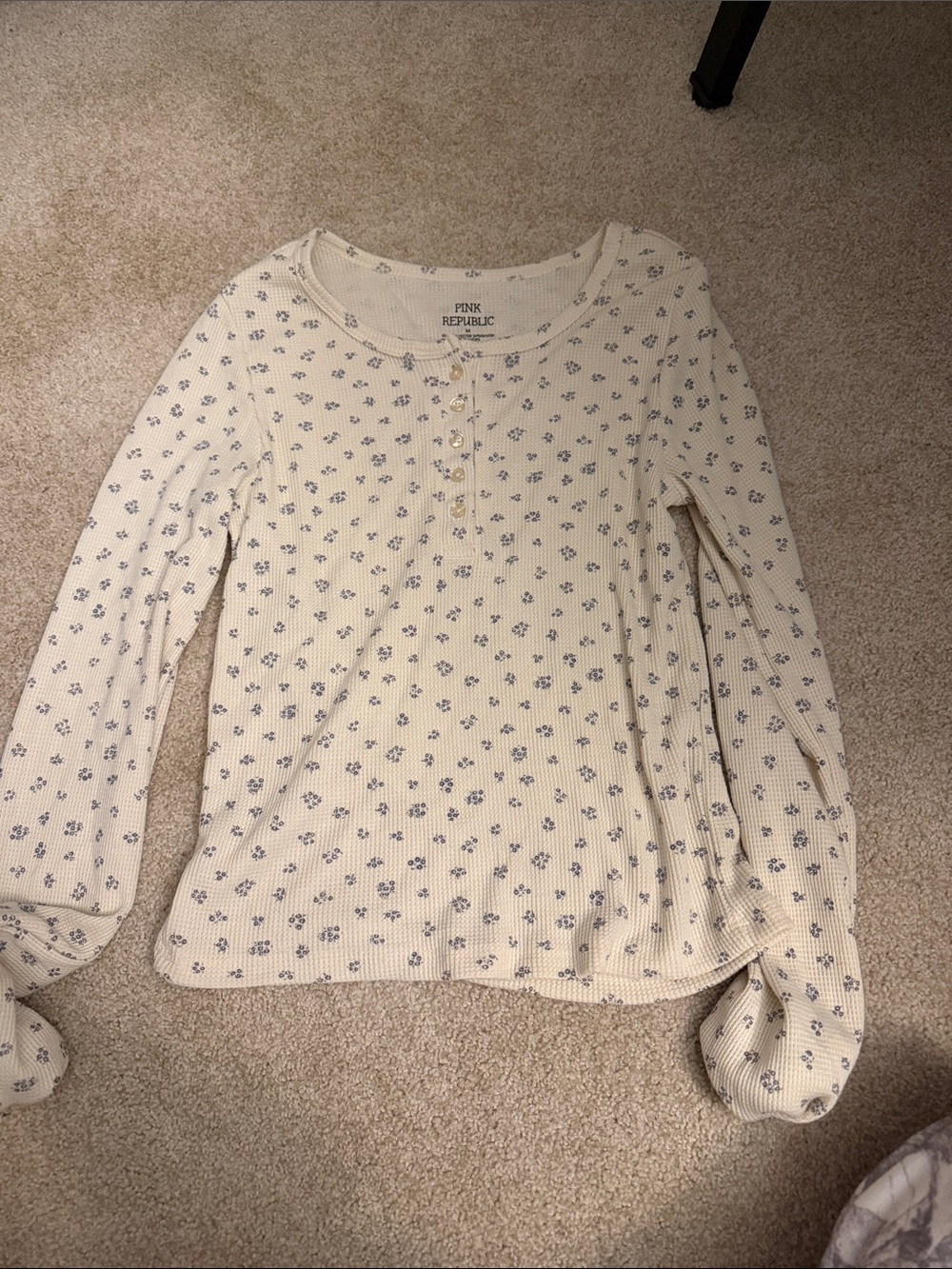 Pink Republic Cream Ribbed Henley Top with Blue Floral Print